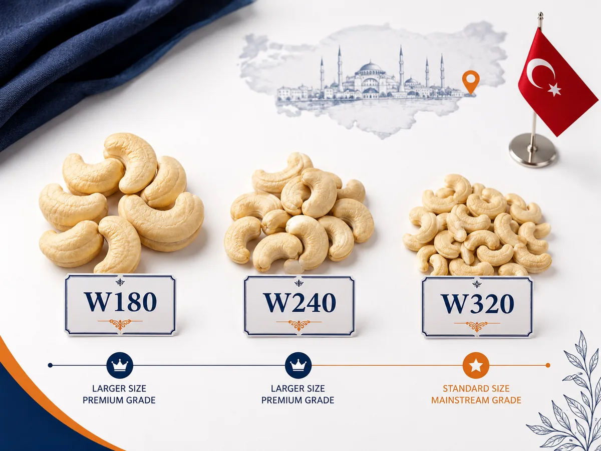 Three groups of whole white cashew kernels arranged side by side in descending size, labelled W180, W240 and W320, above an outline map of Turkey and a small Turkish desk flag