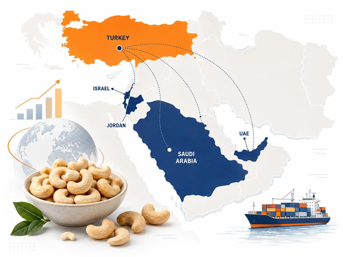 Map of the Middle East with Turkey highlighted in orange and dotted routes running to Israel, Jordan, Saudi Arabia and the UAE, with a bowl of cashew kernels and a container ship in the lower corners