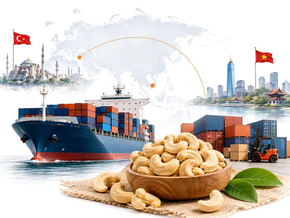 Container ship leaving port, with a world map behind it linking Istanbul to Vietnam by a dotted route, beside a wooden bowl of whole white cashew kernels and a container yard