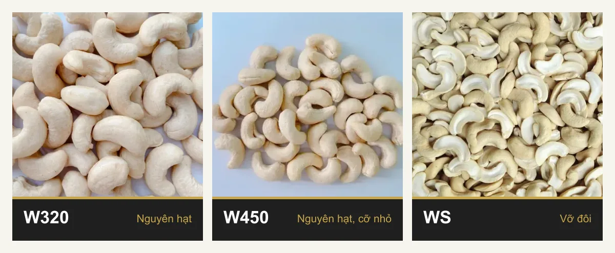 Ba mẫu nhân điều mã phổ thông đặt cạnh nhau: W320 nguyên hạt, W450 nguyên hạt cỡ nhỏ, WS vỡ đôi